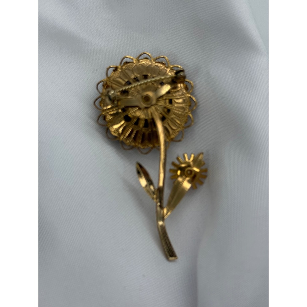Vintage Gold Tone Flower Brooch Faux Pearl Rhinestone Double Bloom Floral Pin - Picture 4 of 5